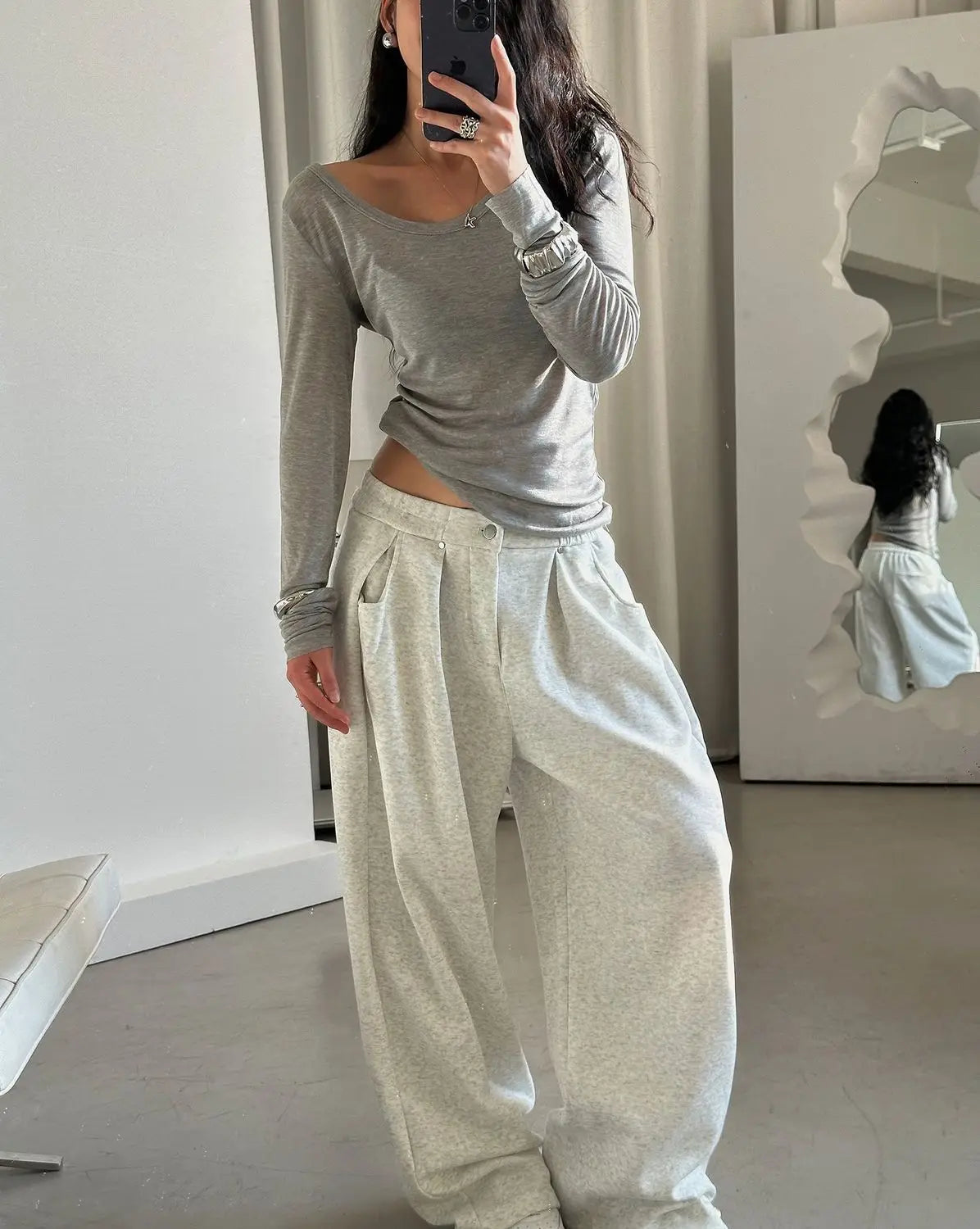 QWEEK Oversized Women Grey Sweatpants Y2k America Style Retro Baggy Pants Casual Sports Streetwear Hip Hop Trousers Joggers