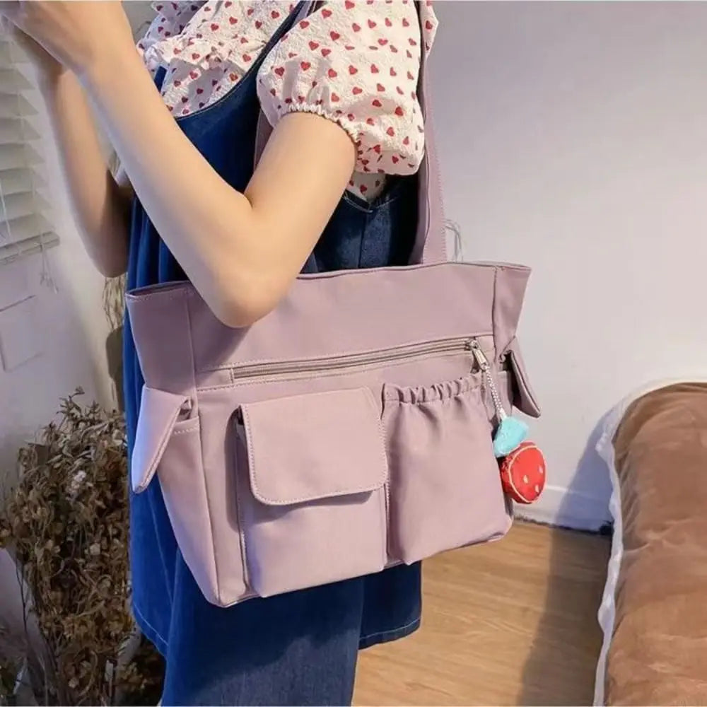 Canvas Women Messenger Bag Fashion Solid Color Large Capacity Shoulder Bag Multi-pockets Travel Handbag Student Book Bag