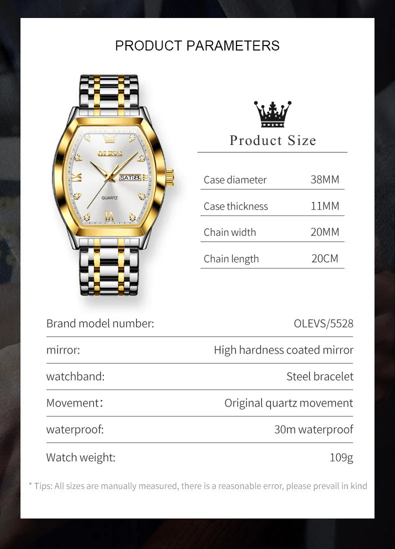 OLEVS 5528 Quartz Men's Watch Luxury Brand Diamond Business Stainless Steel Waterproof Tonneau dial Gold Watch Reloio Masculino