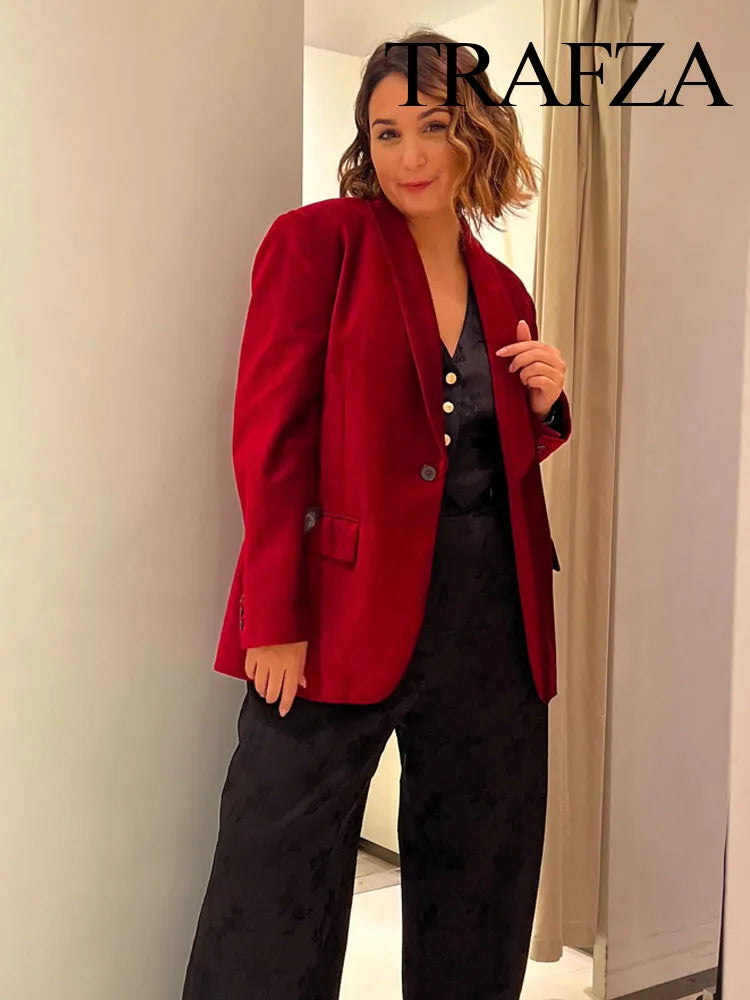 TRAFZA Women Spring Chic Jacket Coats Red Turn Down Collar Long Sleeves Pockets Decorate Single Button Female Fashion Blazers