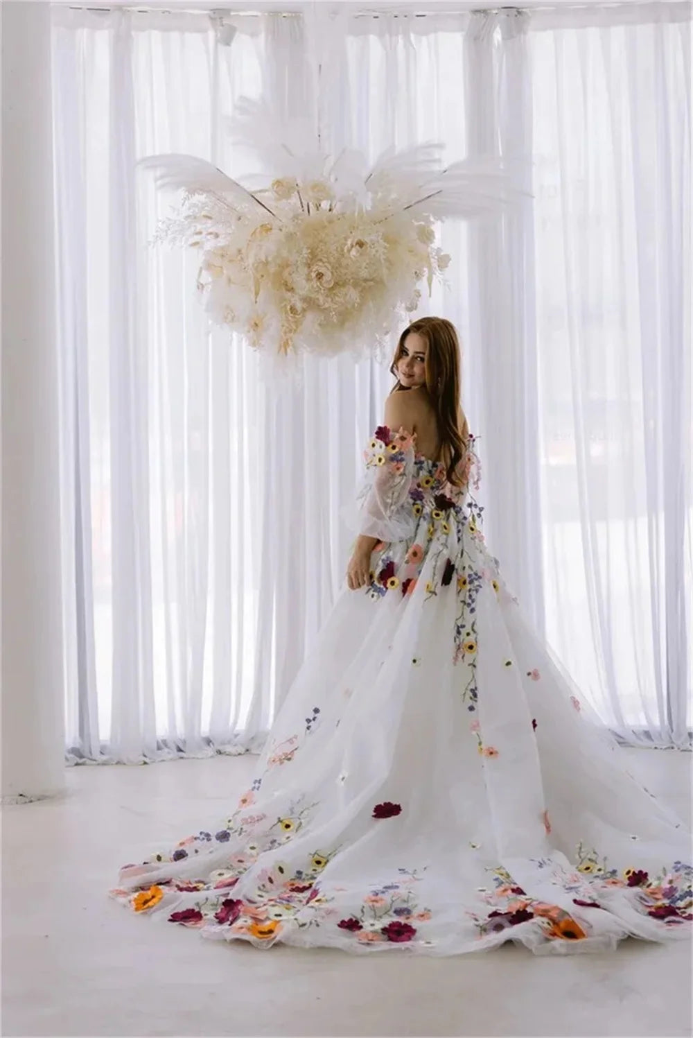 2024 New 3D Flower Puff Sleeves Bridal Dress Embroidery Floral Tulle Prom Dresses Wedding Party Dresses Vestidos De Noche