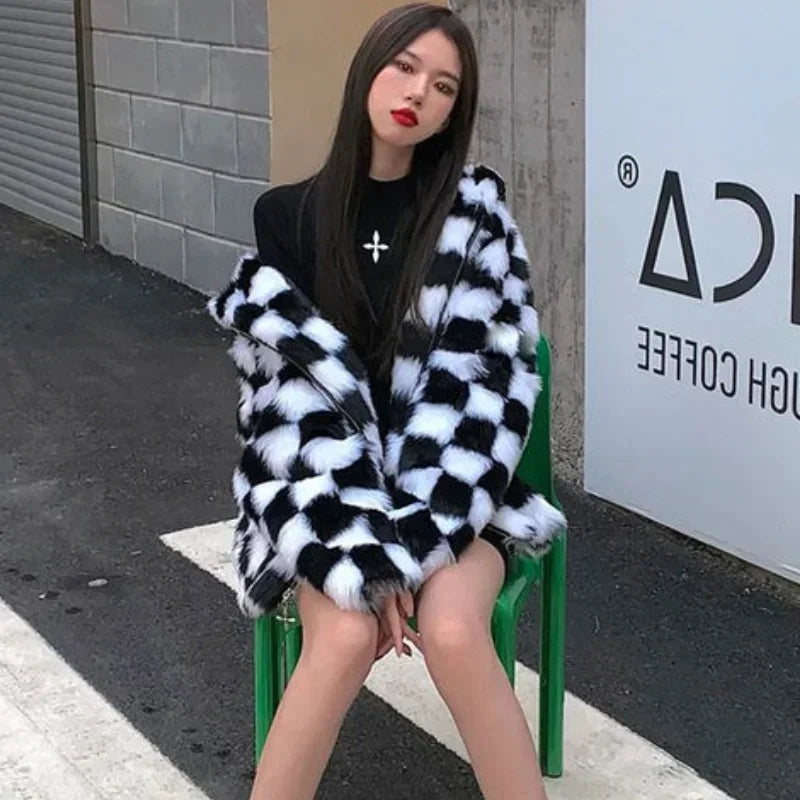 Chic Woman Winter Furry Checkerboard Bomber Jacket Faux Fox Fur Black White Plaids Hooded Coat Flocking Cardigan Fleece Tops