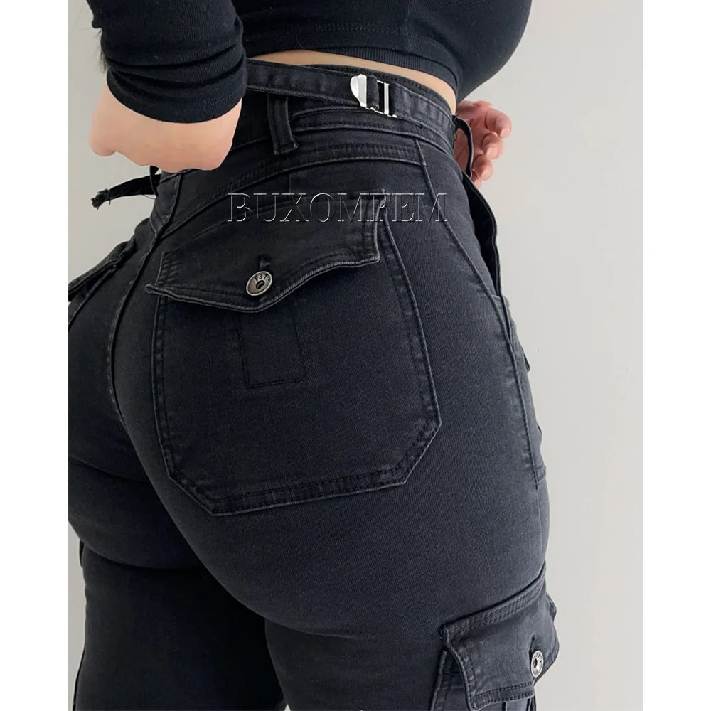 2024 Multi-Pocket Cargo Jeans Women's Wide Leg Pants Unique New High Waist Trousers Y2k Streetwear Bagger Pants for Large Sizes