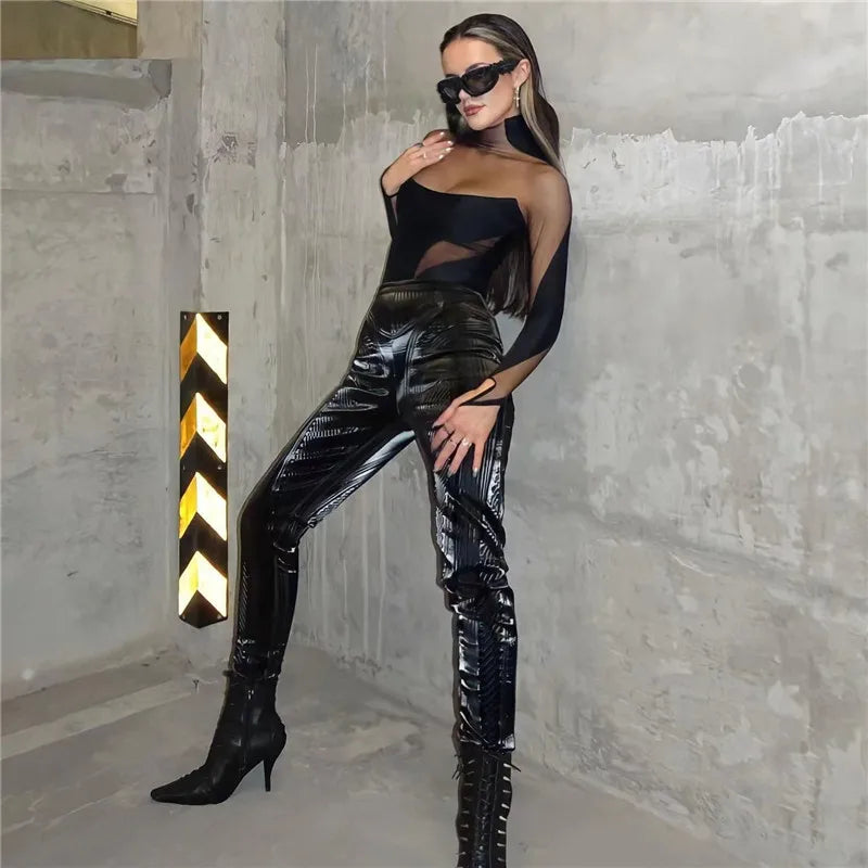 Sexy Wild Women Bodysuit Long Sleeve See Through Skinny Mesh Patchwork Vacation Party Club Streetwear Bodycon Tops