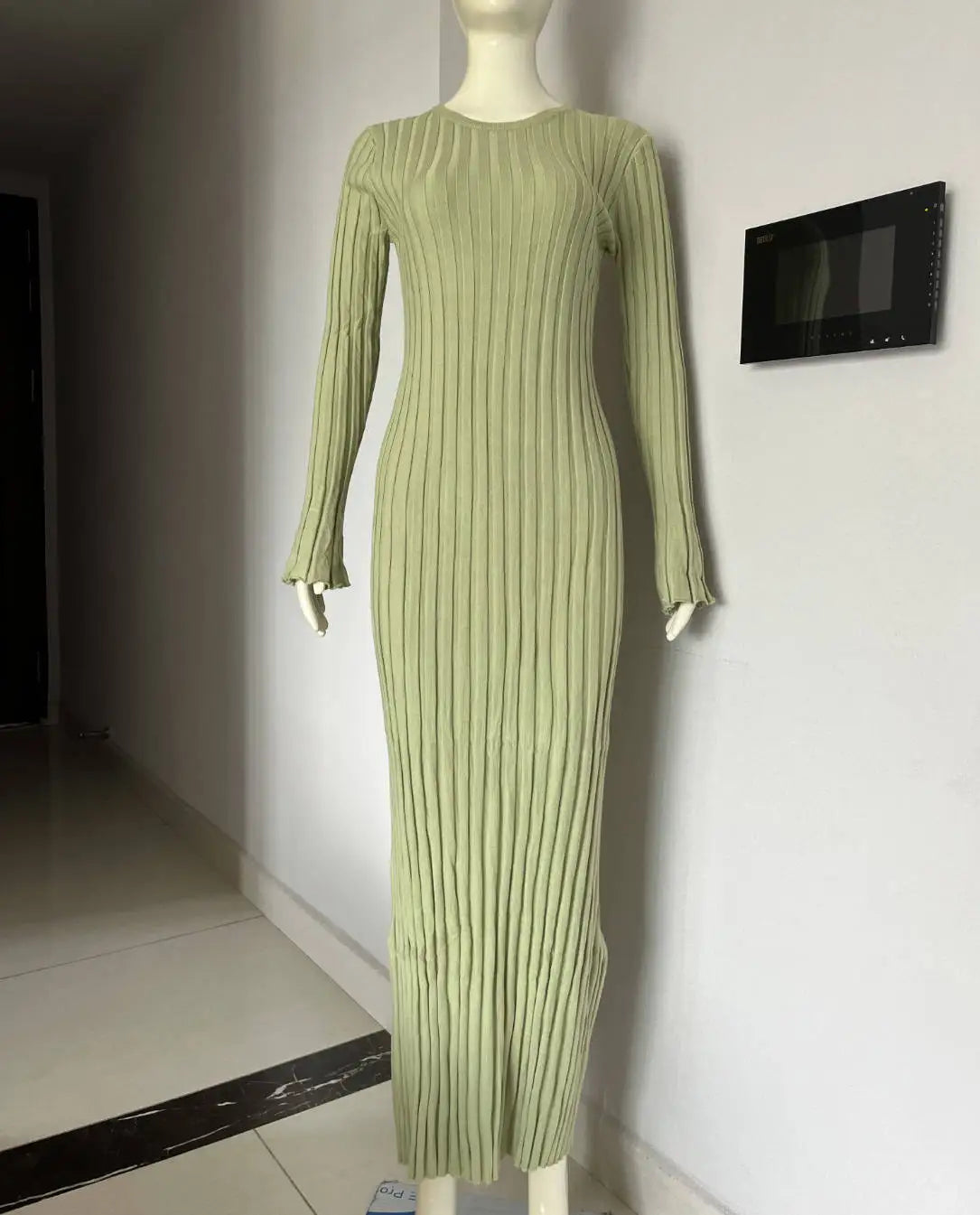 Lace-Up Female Knit Maxi Dress Autumn High Waist Fashion Patchwork Long Sleeve Loose Solid Dress Bandage Knitwear Dress