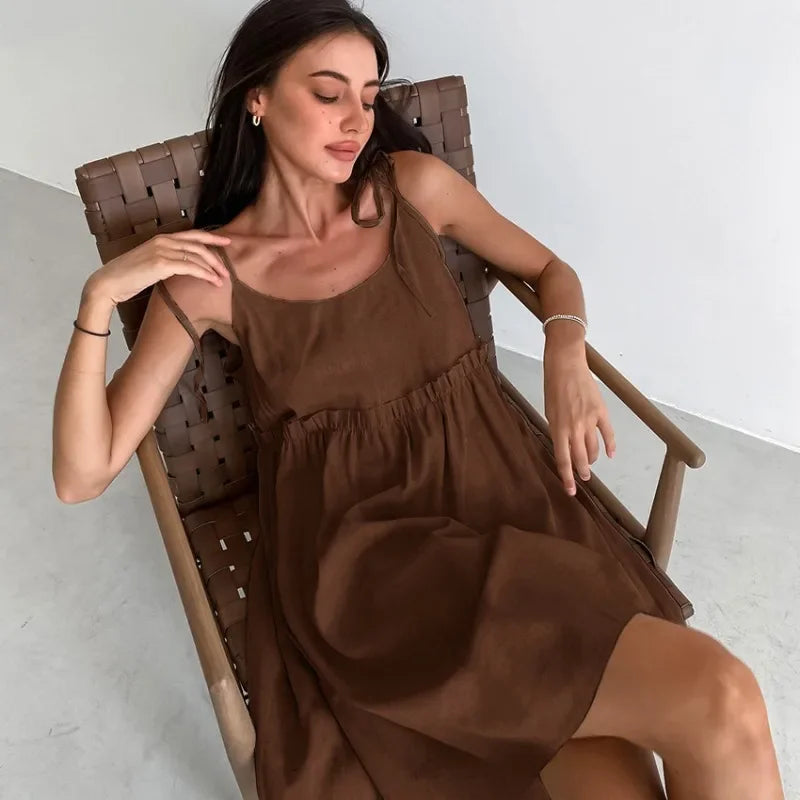 Simple Cotton Backless Suspender Dress Spring and Summer Beach Style Women's Loose Soft Ruffled Edge A-line Suspender Dress