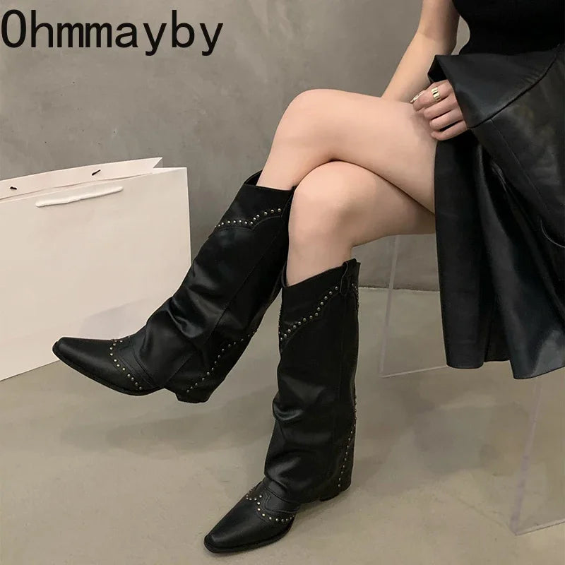 Autumn Winter Women Knee-High Boots Retro Style Western Knight Booties Pointed Toe Square Heels Female Shoes