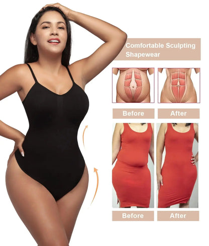 V-Neck Spaghetti Strap Bodysuit – Slimming Open-Crotch Shapewear for Women