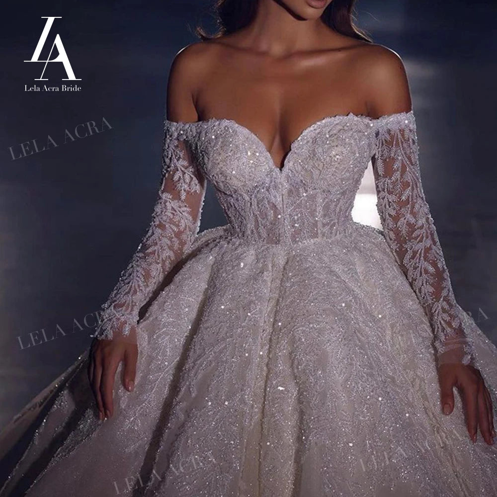 Off the Shoulder Ball Gown Wedding Dress 2024 Long Sleeve Chapel Train Princess Bride LelaAcra SM103 Custom Vestido de Noiv