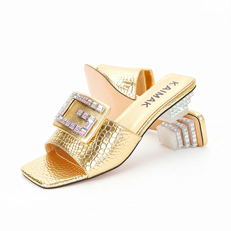 Latest Crystal Thick Heel Stone Pattern plus size Slippers Size 35-45 Diamond Clutch Dinner Women's Shoes and Bag suit