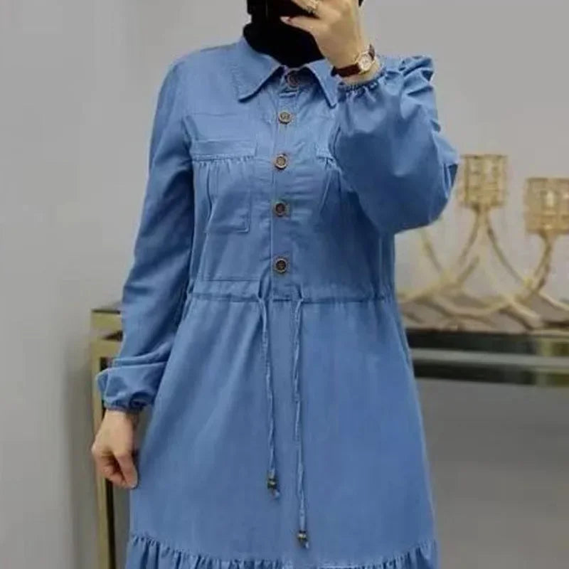 Femme Caftan Islam Clothing Elegant Denim Dress Single-breasted Dubai Turkey Kaftan Muslim Turn Down Collar Dresses for Women