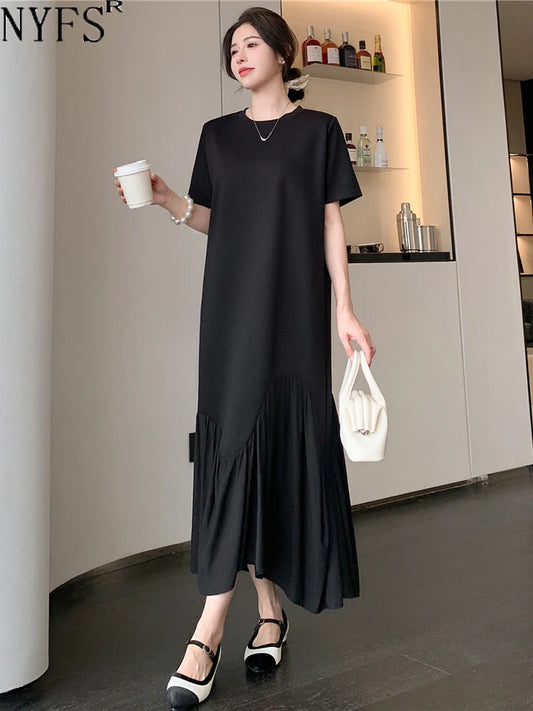 NYFS 2024 Summer New Korea Irregular Woman Dress Vestidos Robe Elbise Loose Plus Size Patchwork Short Sleeve Long Dress