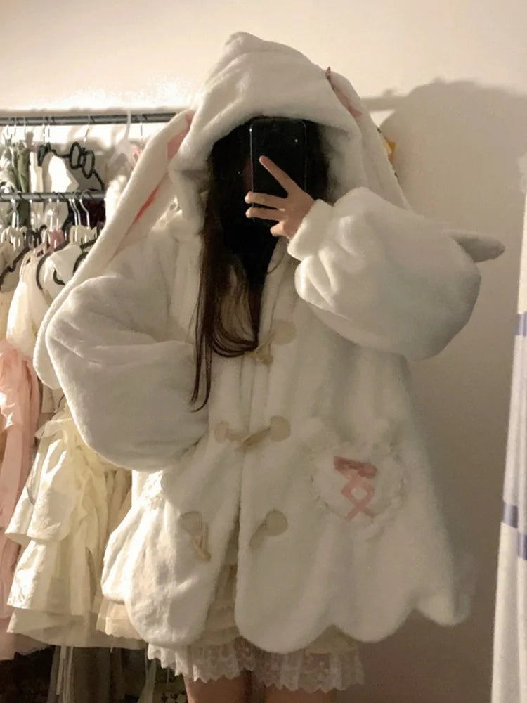 Winter Clothes Cute Jackets for Women Rabbit Ears Hooded Lamb Wool Outwear Oversized Tops Thicked Fashion Y2K Kawaii Coats