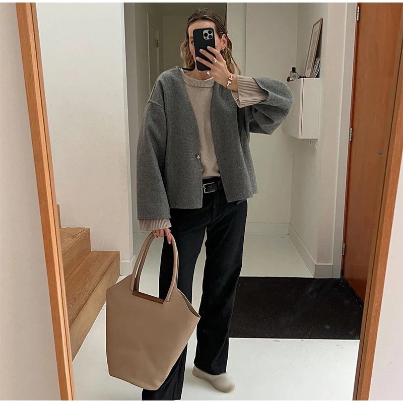 Women Vintage Blends Fit Blazer Coat Fashion Loose Double Breasted Long Sleeve Pockets Female Jackets Chic Lady Commuter Coats