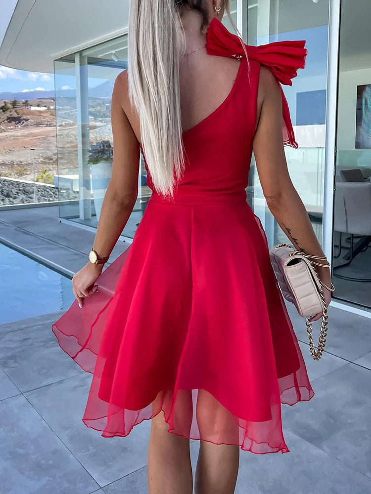 Sexy Women One Shoulder Sleeveless Mini Dress Elegant Backless Zipper Solid Party Dress Summer Ladies Mesh Patchwork Sweet Dress