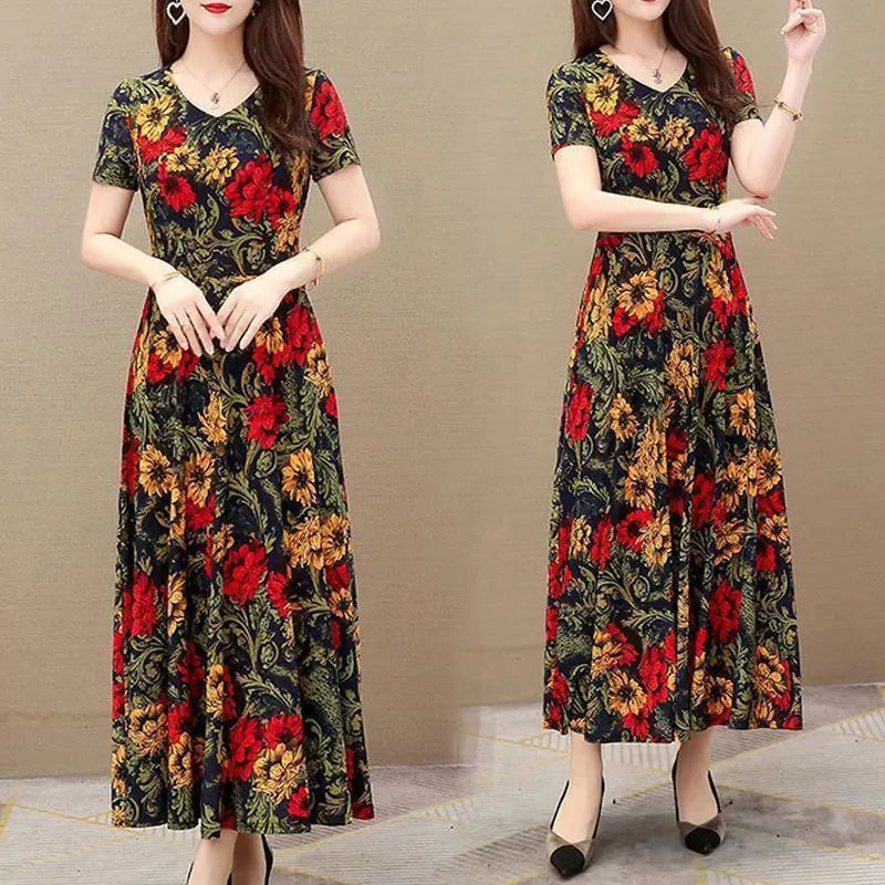 Office Lady Geometric Vintage Floral Printed Midi Dress 2023 Summer A-Line Stylish Spliced Women's Clothing Casual Loose Dresses