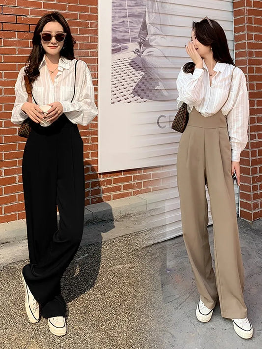 Wide Leg Overalls Women High Waist Casual Brown Jumpsuit Drape Pant Spaghetti Strap Long Trouser Rompers Suits