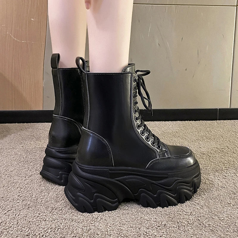 Punk Super High Platform Boots Women Chunky Heels Lace Up Motorcycle Boots Woman Black White Thick Bottom Ankle Booties Female