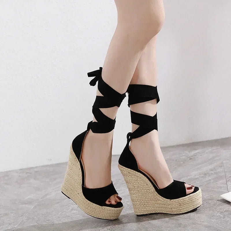 Ladies Sandals Women Shoes Cloth Solid Color Slope Heel Round Shape Thick Bottom Increase  Roman  Platform