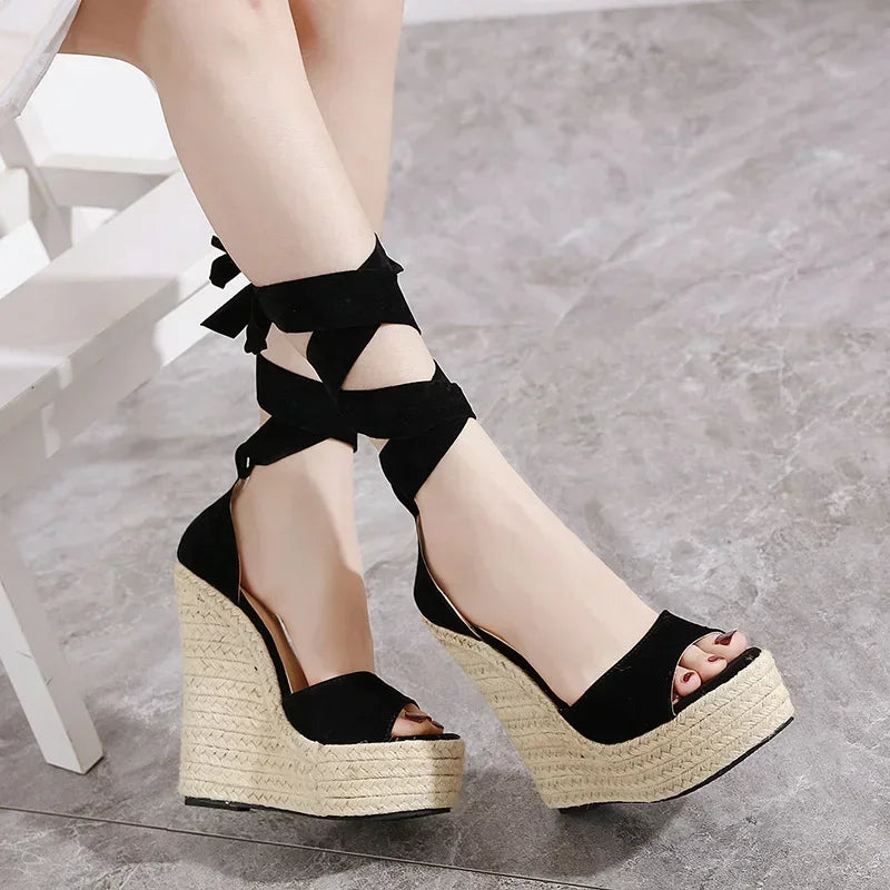 Ladies Sandals Women Shoes Cloth Solid Color Slope Heel Round Shape Thick Bottom Increase  Roman  Platform