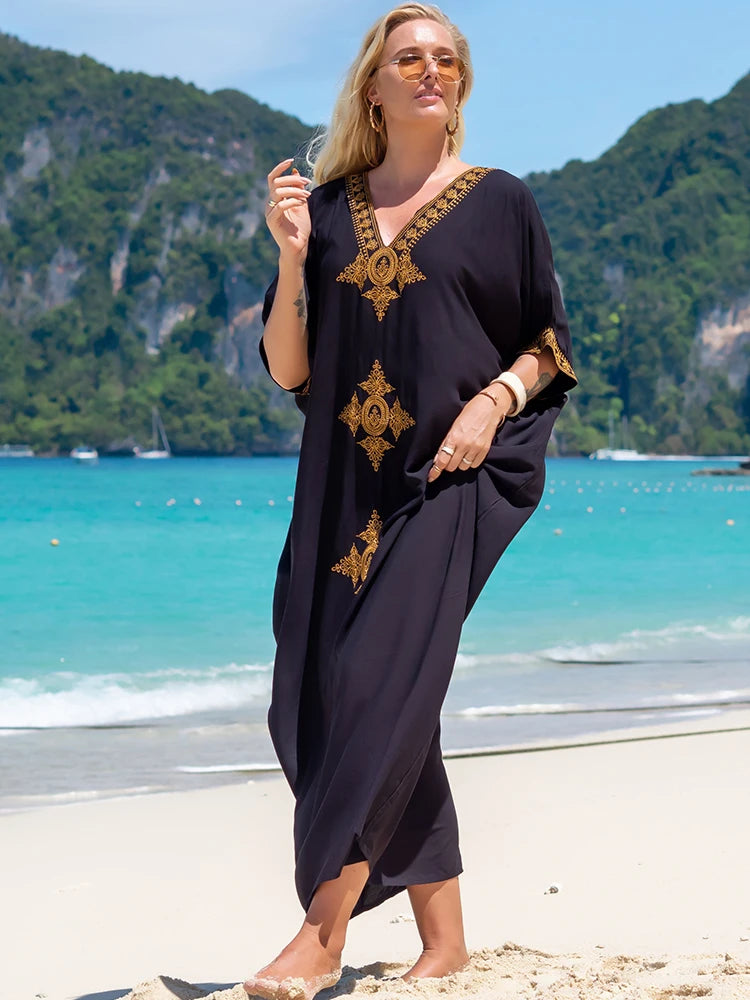 2023 Elegant Gold Embroidered Loose Kaftan House Robe Retro V-neck White Dress Women Summer Beach Wear Swim Maxi Dresses N1373