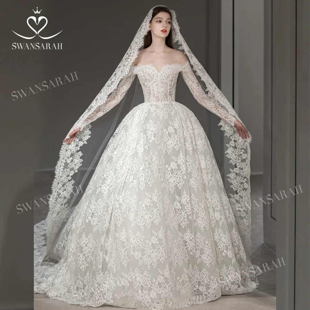 Vintage Lace Wedding Dress 2024 Sweetheart Long Sleeve Ball Gown Princess Vestido De Novia SwanSarah B500 Backless Bride Gown