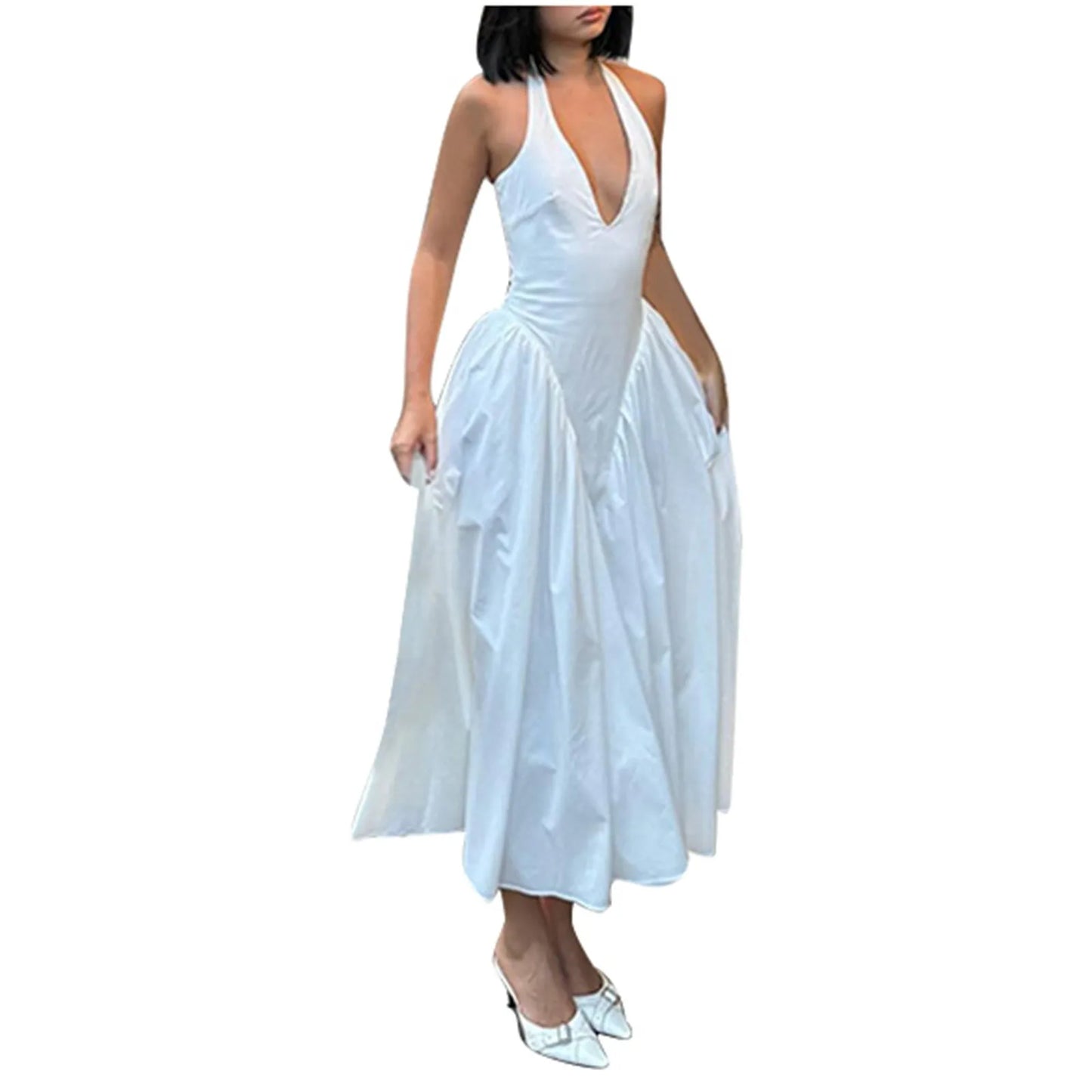 2024 Sexy Deep V Hollow Halterneck Large Hem Dress For Womens Solid High Waisted Backless Splice Ladies New Vacation Long Dress