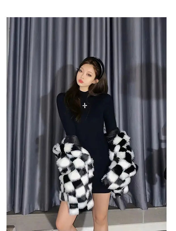 Chic Woman Winter Furry Checkerboard Bomber Jacket Faux Fox Fur Black White Plaids Hooded Coat Flocking Cardigan Fleece Tops