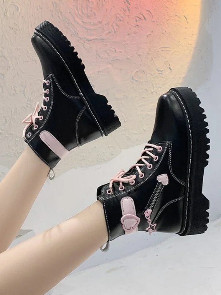 New College Style Martin Boots Women Autumn 2021 Girl Love Round Toe Lace-up Short Boots Y2k Aesthetic Goth Punk Platform Shoes