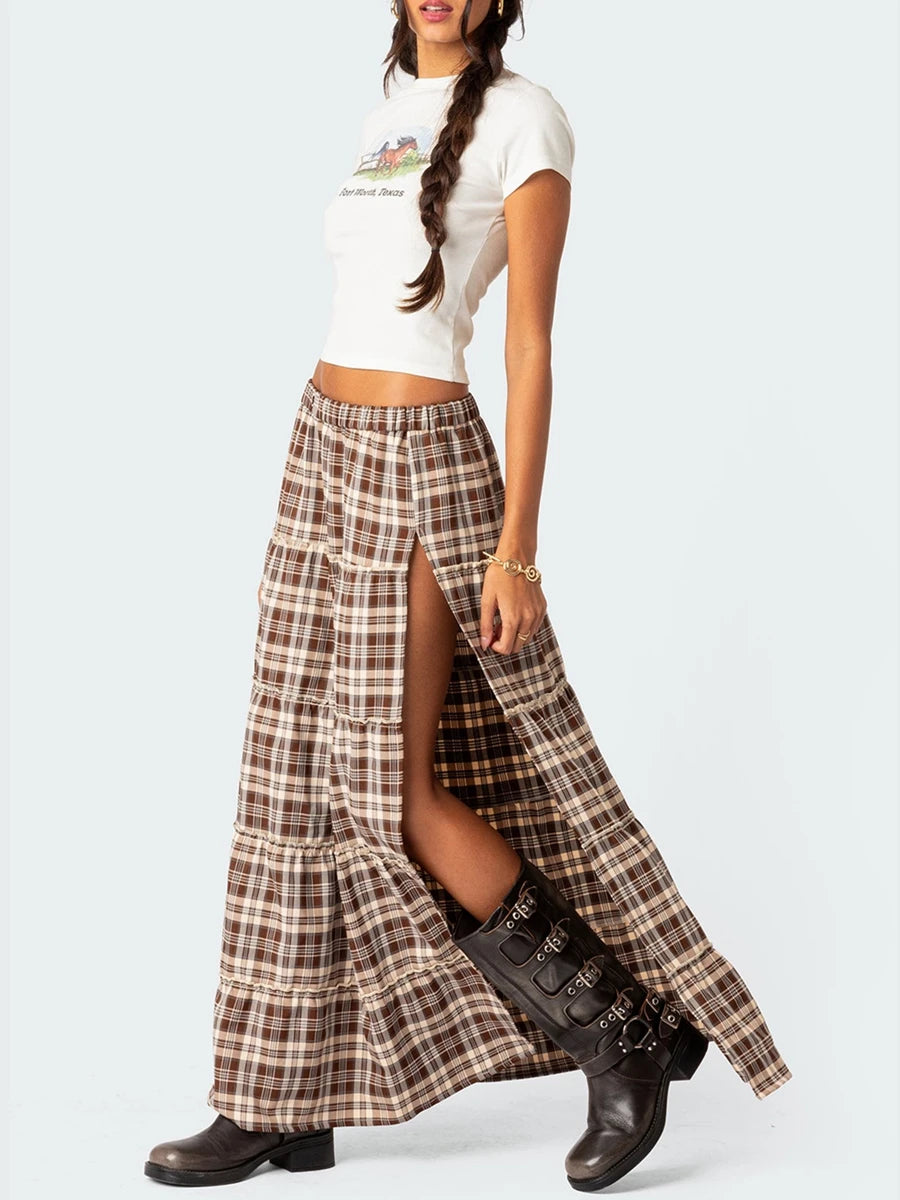 Y2k Vintage Plaid Long Skirts Chic Side High Split Elastic Waist Tiered Midi Skirts Harajuku 2000s Retro Skirts Fairy Grunge