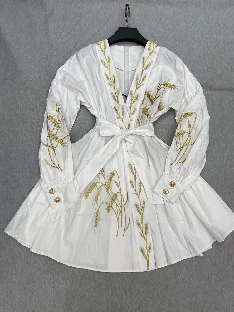 SEQINYY Casual Mini Dress Summer Spring New Fashion Design Women Runway High Quality Embroidery Flower Shirt Fabric Holiday