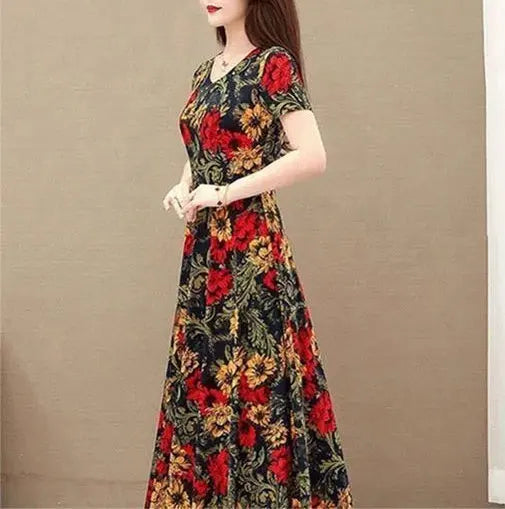 Office Lady Geometric Vintage Floral Printed Midi Dress 2023 Summer A-Line Stylish Spliced Women's Clothing Casual Loose Dresses