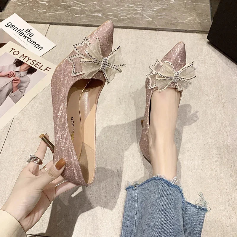 Women's Pumps Cinderella Shoe Rhinestone High Heels Women Pointed Toe Bow-knot Shoe Crystal Party Wedding Shoes Zapatillas Mujer