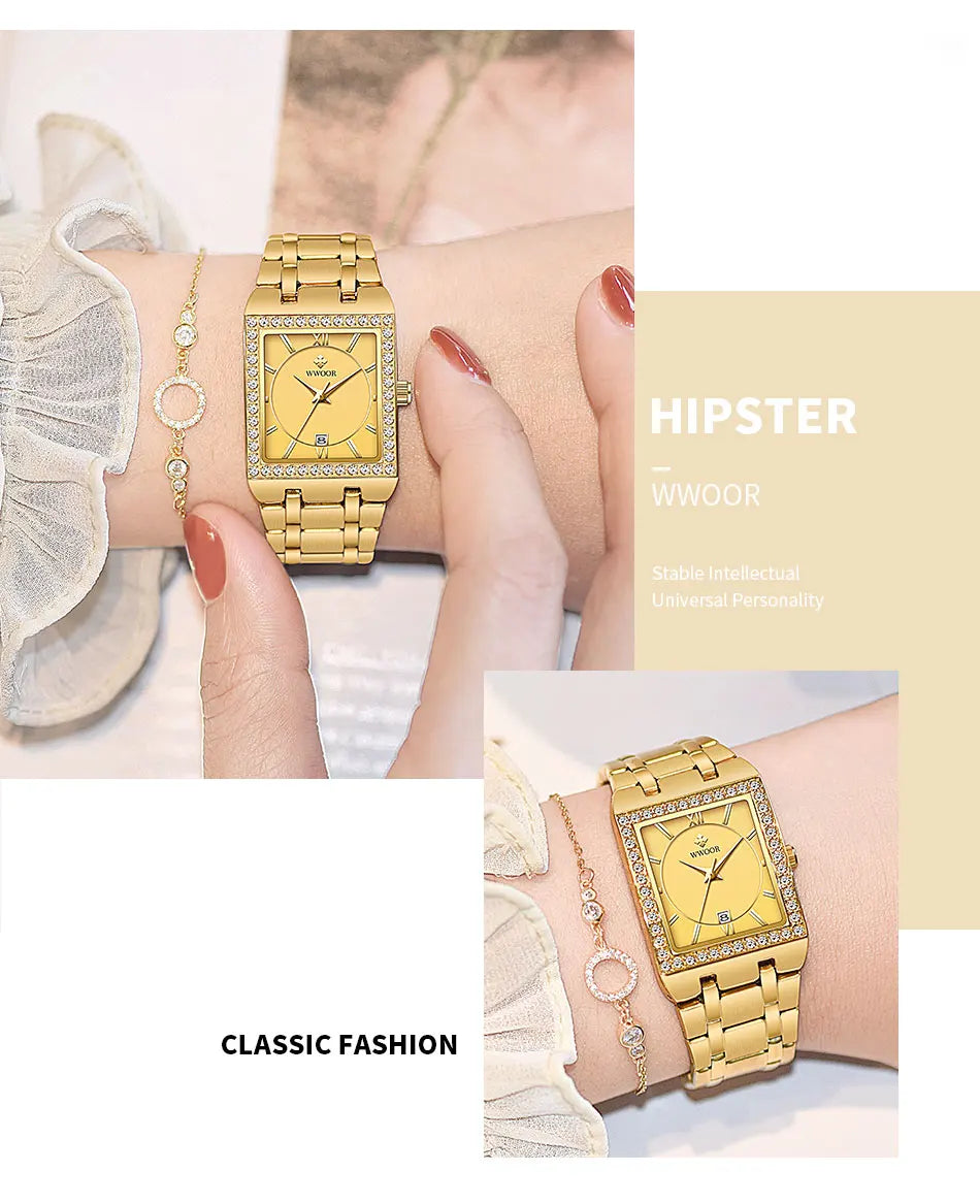 WWOOR Reloj New Fashion Ladies Diamond Watch Top Brand Luxury Square Wrist Watch Simple Women Dress Small Watch Relogio Feminino