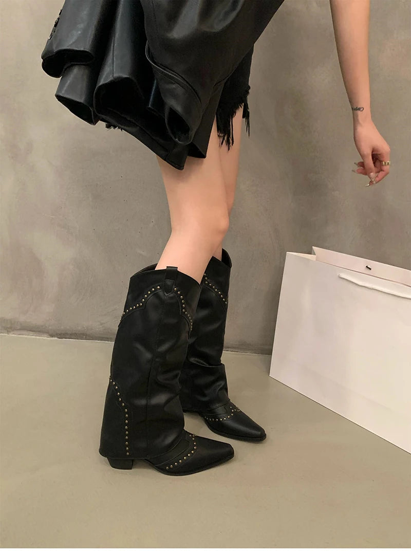 Autumn Winter Women Knee-High Boots Retro Style Western Knight Booties Pointed Toe Square Heels Female Shoes