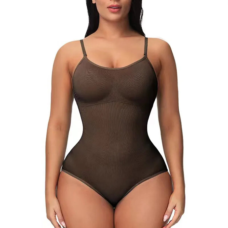 Brown Brief V-Neck Spaghetti Strap Bodysuit – Slimming Open-Crotch Shapewear for Women