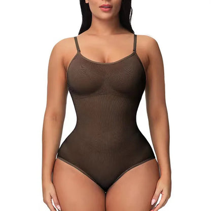 Brown Brief V-Neck Spaghetti Strap Bodysuit – Slimming Open-Crotch Shapewear for Women