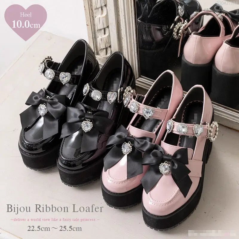 Japanese Lolita Hot Rhinestone Love Heart Bow Tie Mine Mass-Produced Platform Mary Jane Shoes Pink Pumps Girl Shoes for Women's