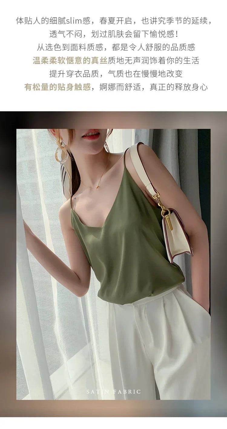 100 silk real silk 2023 summer women's clothing new slim v-neck short temperament inner top one-shoulder camisole