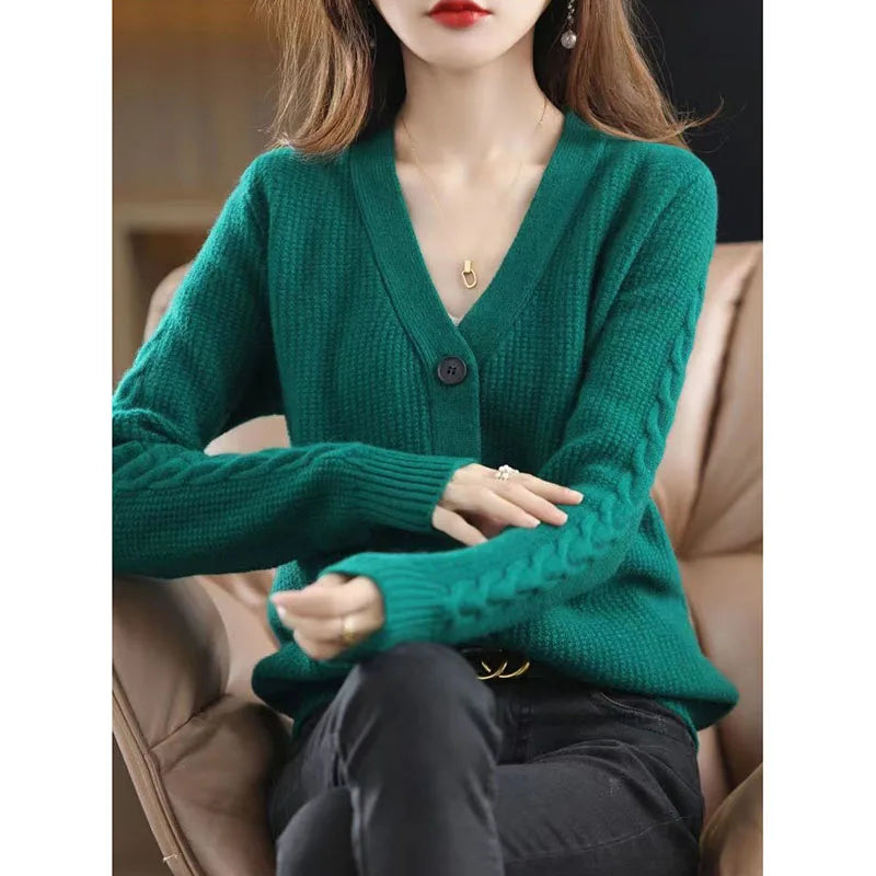 NewFall Fashion V Neck Women Knitted Sweater Cardigan Long Sleeve Soft Slim Sweater Outwear Femlae Solid Casual Knitted Sweater