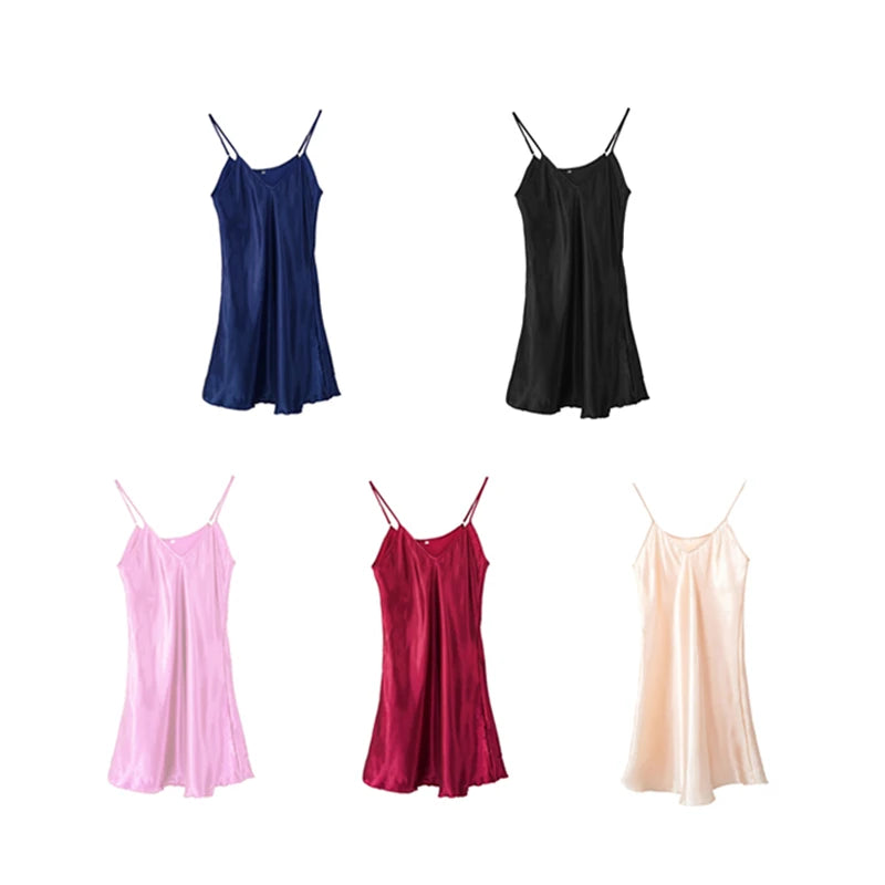 Women's Satin Nightgown Spaghetti Straps Sleep Dress Sexy V Neck Sleepwear Solid Color Nightwear Nighties Sleeveless Night Dress