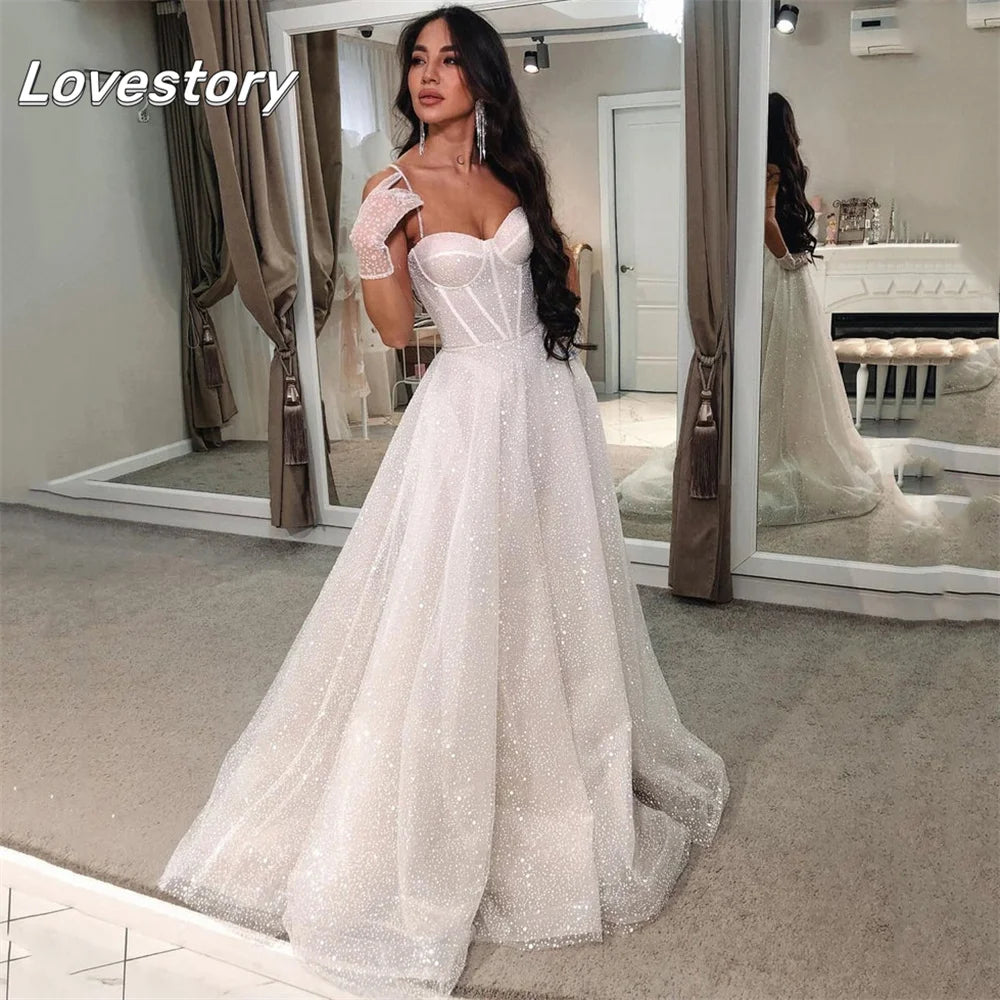 Shiny Sweetheart Princess Wedding Dresses Glitter Tulle Sexy Wedding Gown Spaghetti Straps Boho Bride dresses Vestidos de novia