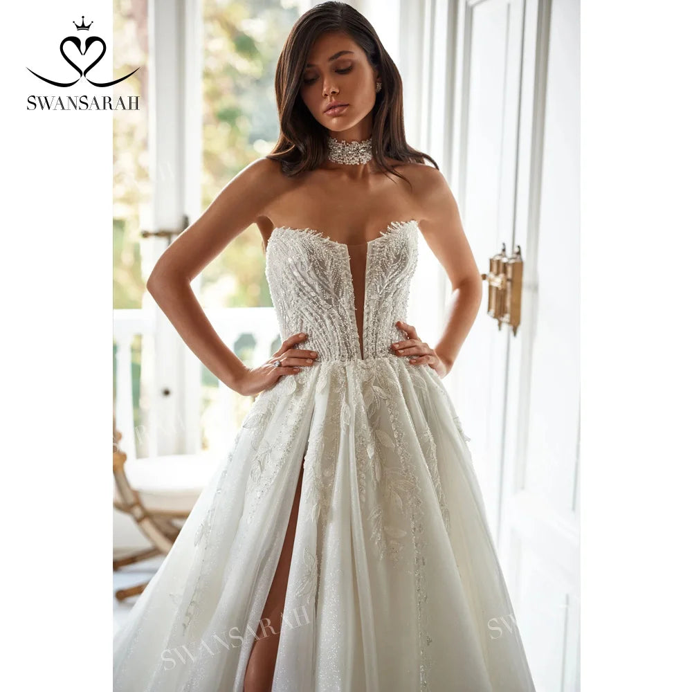 Beading A-Line Wedding Dress 2024 Shiny Appliques Split Vintage Princess Bride Gown SwanSarah P268 Plus Size Vestido De Novia