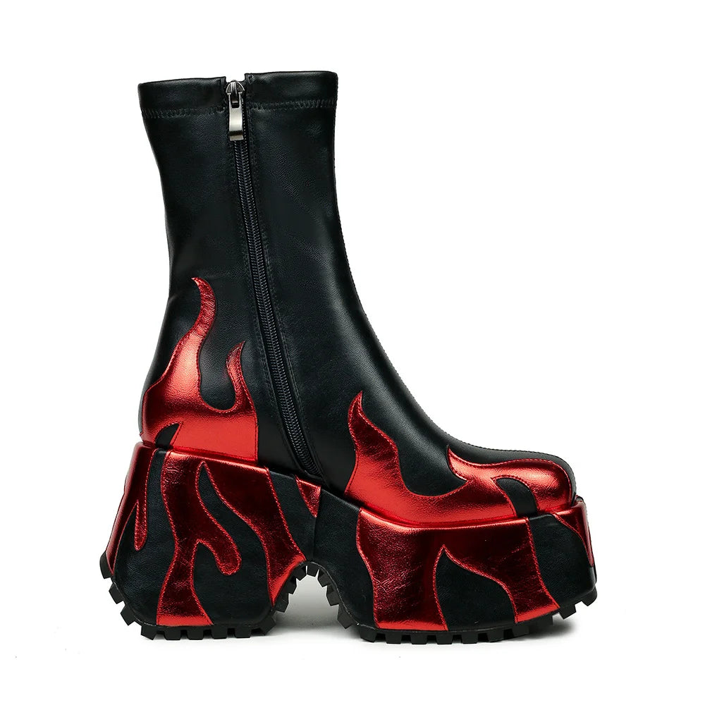 2024 European and American Personality Spicy Girl Colored Flame Short Boots Women's Fashion Thick Sole Side Zipper Boots