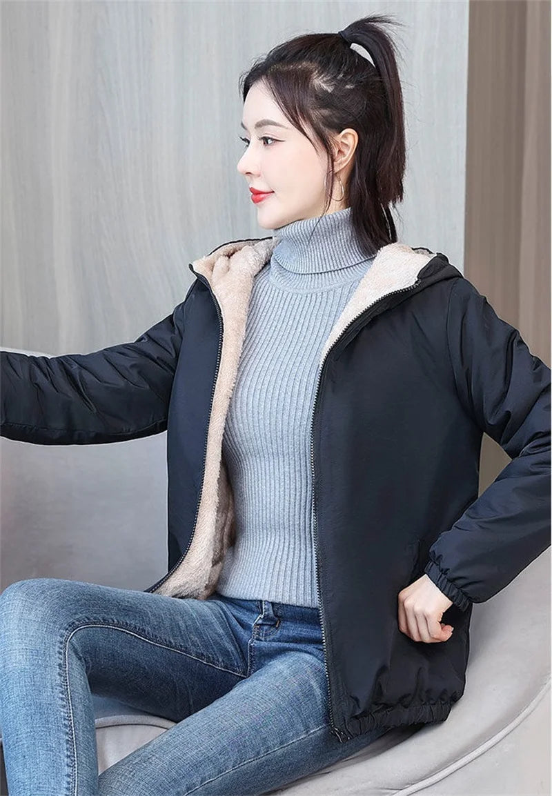 Add Velvet Padded Coat Women 2024 Winter Hooded Outerwear Ladies Warm Cotton-Padded Jacket New Fashion Overcoat Short Female Top