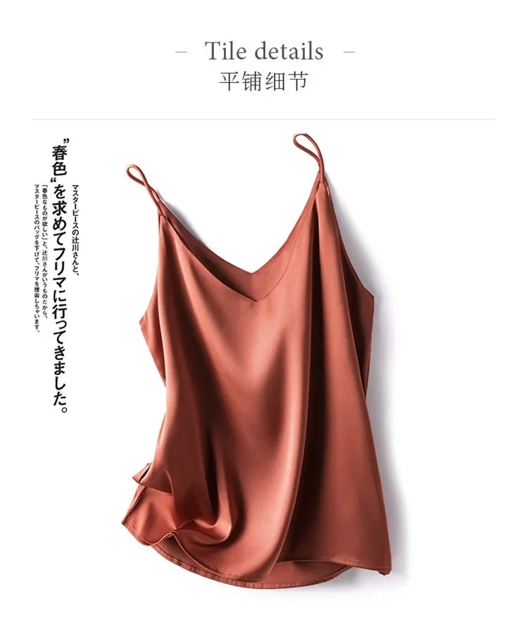 100 silk real silk 2023 summer women's clothing new slim v-neck short temperament inner top one-shoulder camisole