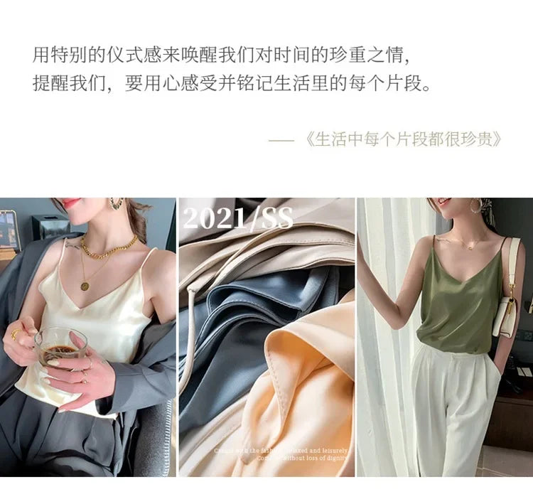 100 silk real silk 2023 summer women's clothing new slim v-neck short temperament inner top one-shoulder camisole