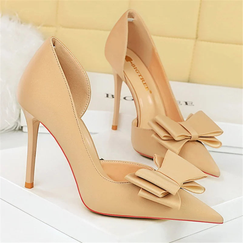 Women 10.5cm High Heels Silk Butterfly Knot Purple Green Pumps Lady Wedding Bridal Escarpin Blue Peach Evening Party Sweet Shoes