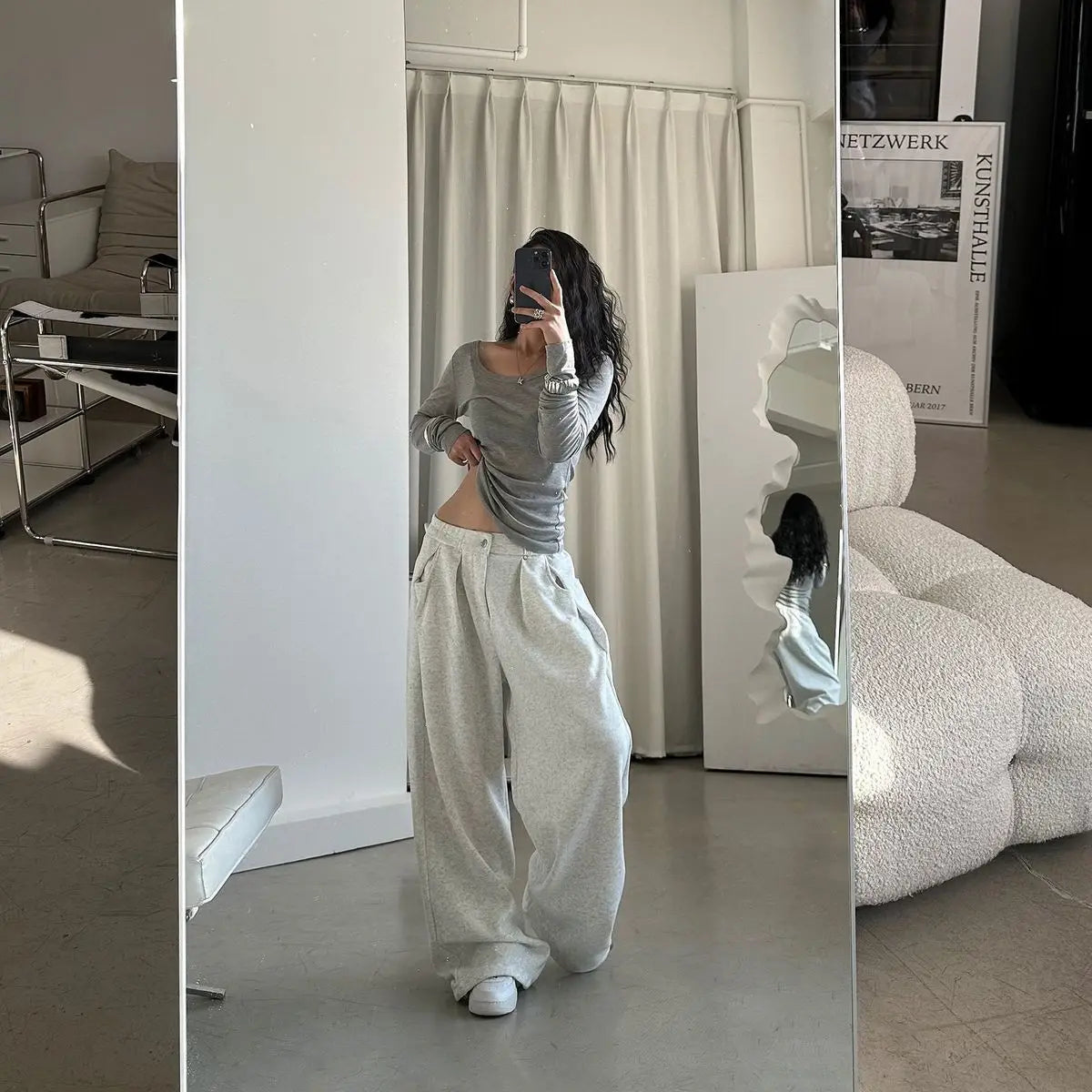 QWEEK Oversized Women Grey Sweatpants Y2k America Style Retro Baggy Pants Casual Sports Streetwear Hip Hop Trousers Joggers