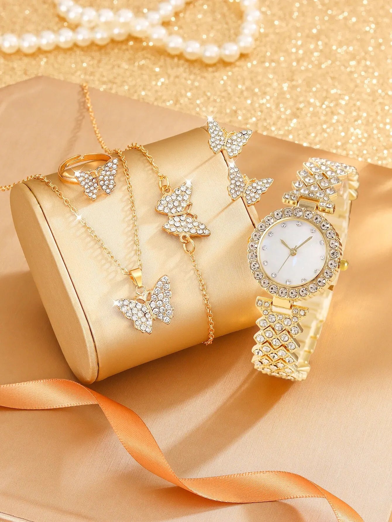 6Ps Women's Fashion Trend Luxury Luxury Rhinestone Roman Shell Quartz Watch Butterfly Rhinestone Necklace Ring Bracelet Gift Set